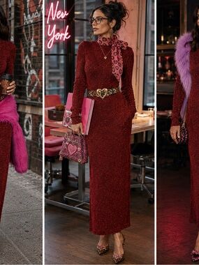 1970s Wenjilli Red Metallic Knit Long Sleeve V Bodice Maxi Dress Hong Kong 11/12